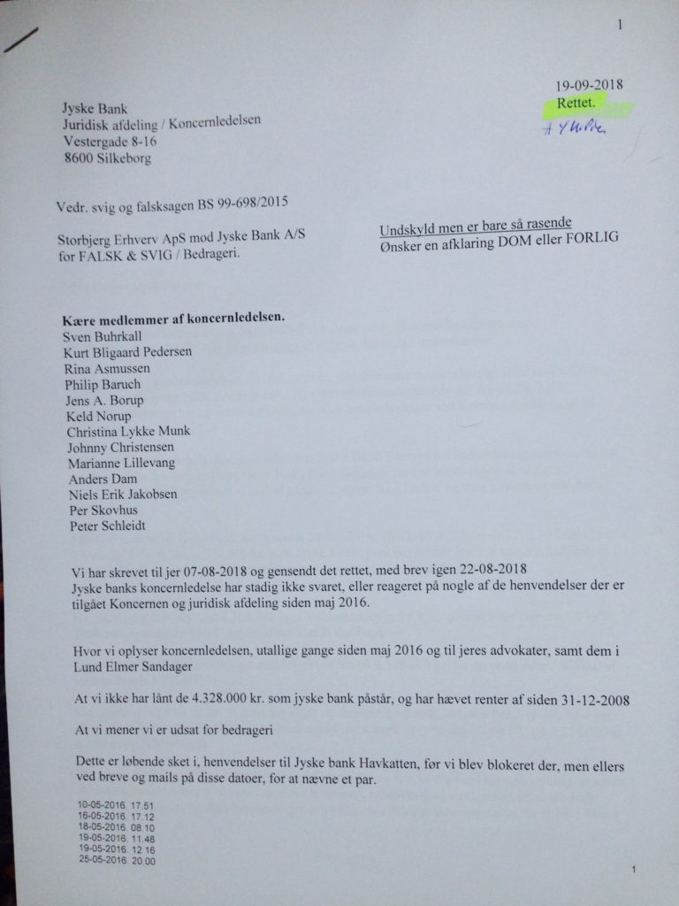 Final Procedure page 1-52. date 28-10-2019. Danish bank Jyske Bank in major fraud case, plaintiff discovers that Jyske bank has paid their lawyer Lundgren's return commission, not to present the client's case to court. "Bribery" presented in Case BS-402-2015